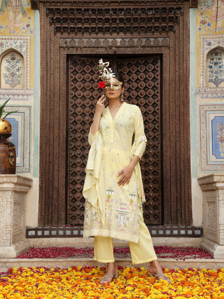 Lemon Yellow Heritage Print Cotton Suit Set with Dupatta