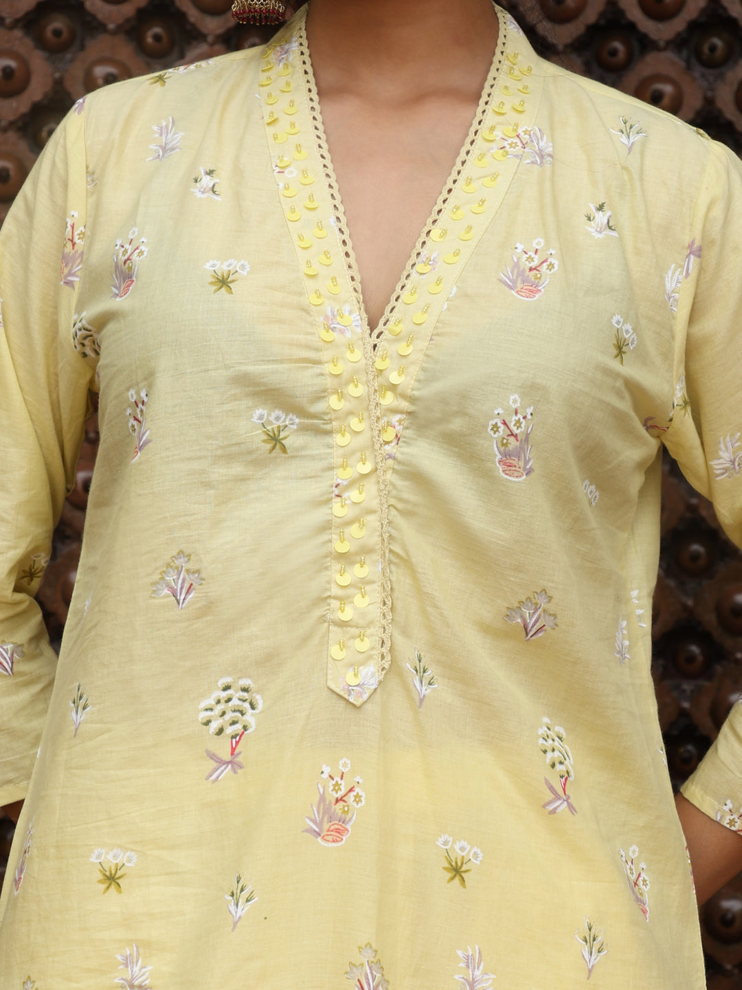 Lemon Yellow Heritage Print Cotton Suit Set with Dupatta