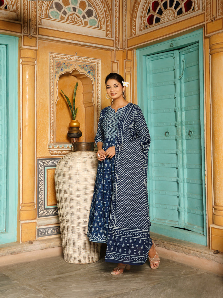 Deep Indigo Blue Geometric Print Cotton Anarkali Set  Export to Sheets