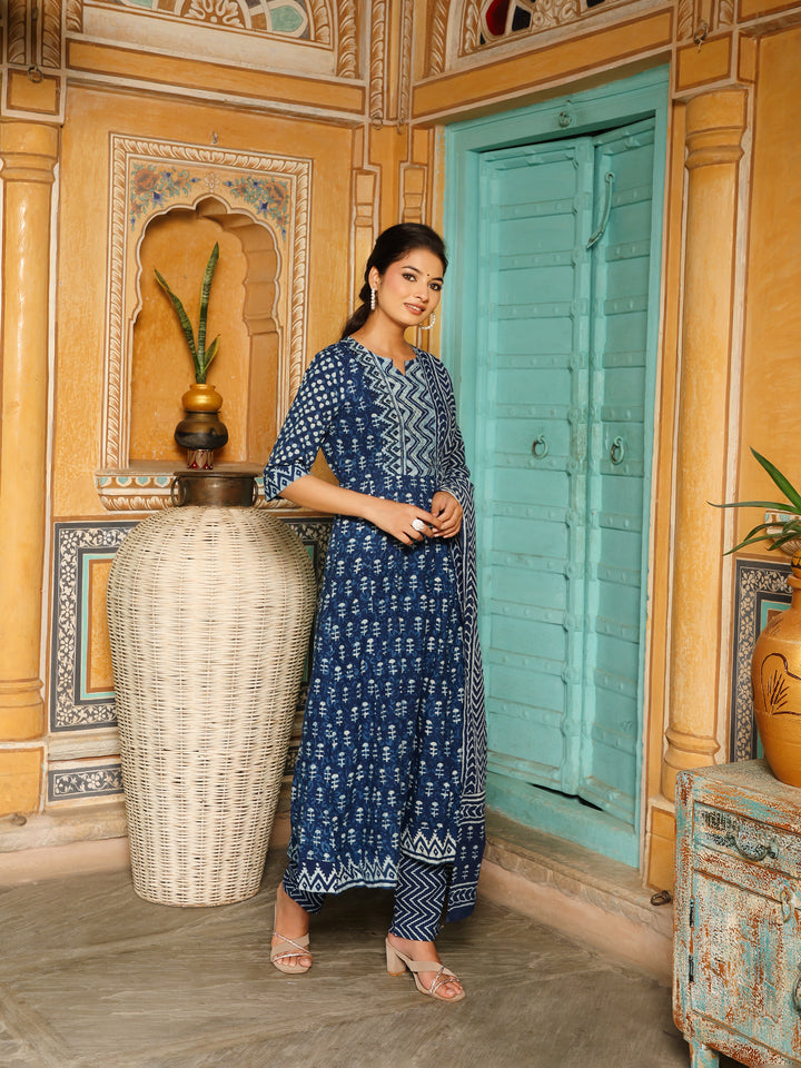 Deep Indigo Blue Geometric Print Cotton Anarkali Set  Export to Sheets