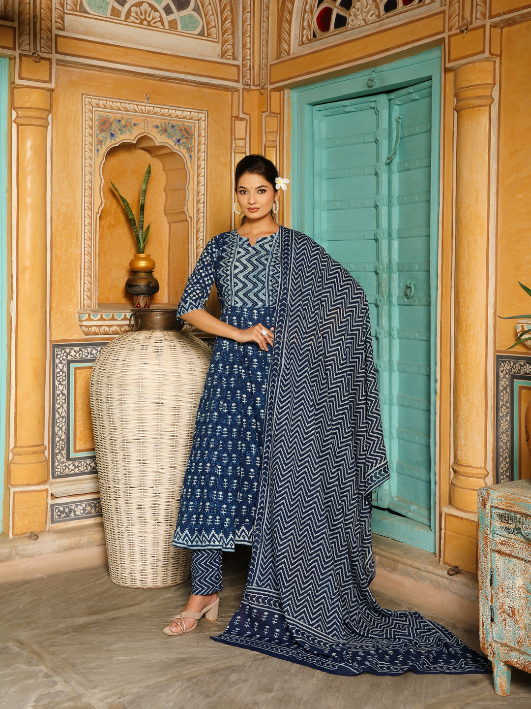 Deep Indigo Blue Geometric Print Cotton Anarkali Set  Export to Sheets