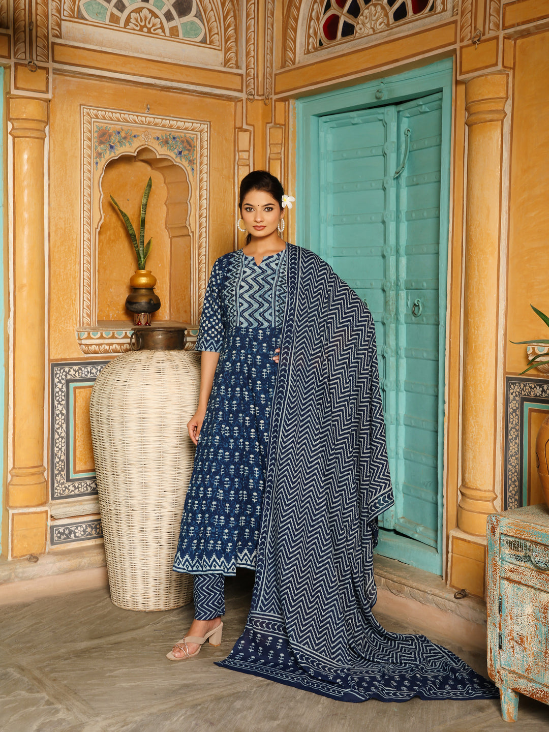Deep Indigo Blue Geometric Print Cotton Anarkali Set  Export to Sheets
