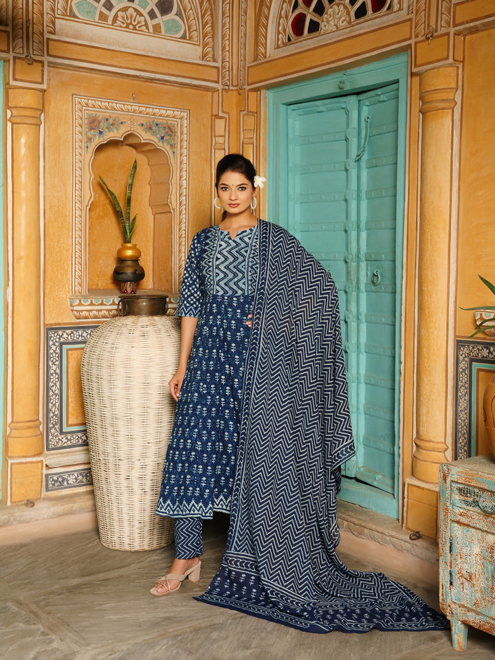 Deep Indigo Blue Geometric Print Cotton Anarkali Set  Export to Sheets
