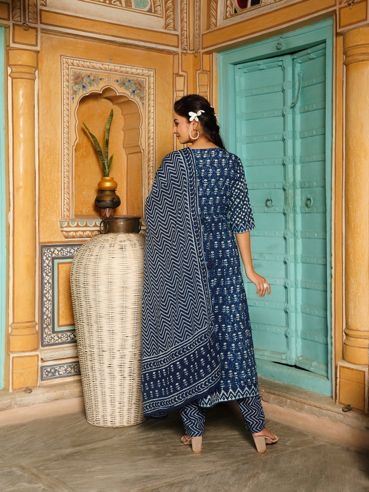 Deep Indigo Blue Geometric Print Cotton Anarkali Set  Export to Sheets