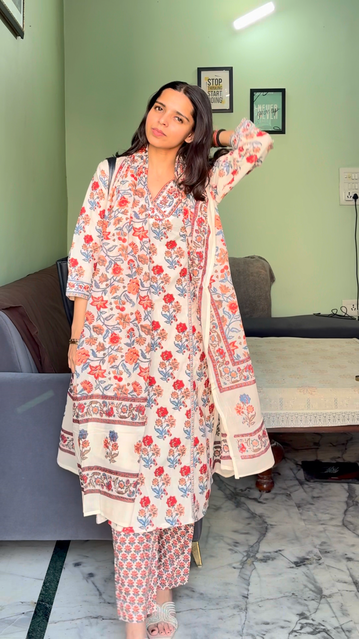 Ivory Bloom Handblock Print Cotton Kurta Set with Dupatta