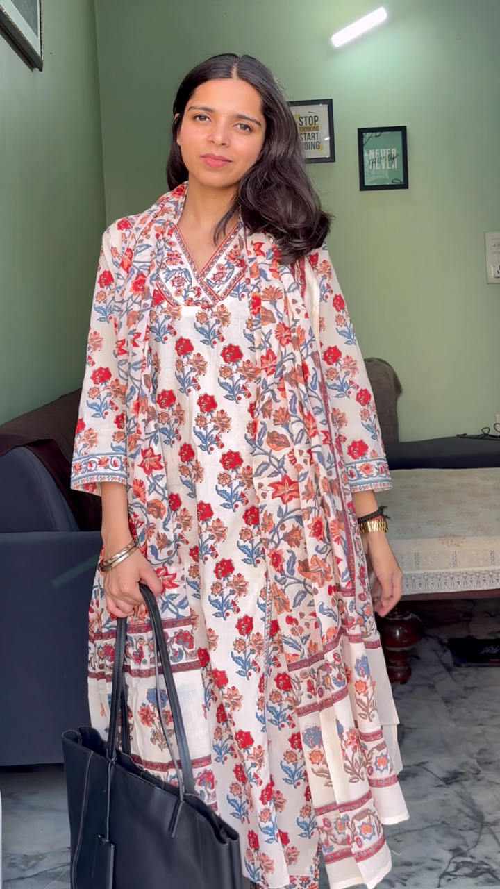 Ivory Bloom Handblock Print Cotton Kurta Set with Dupatta