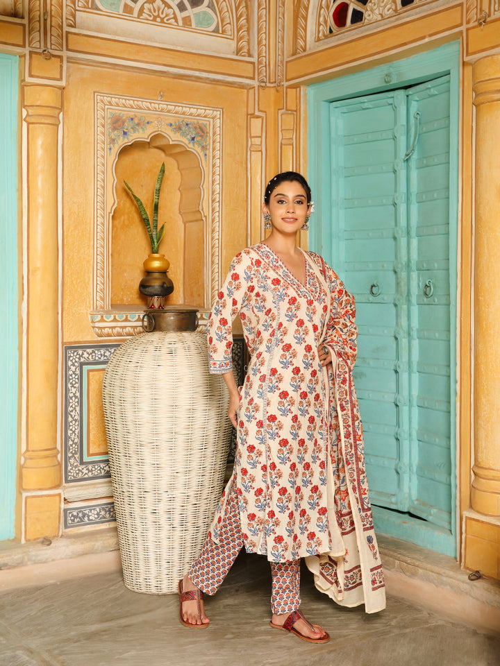Off-White & Red Block Print Cotton Kurta Set with Dupatta  Export to Sheets