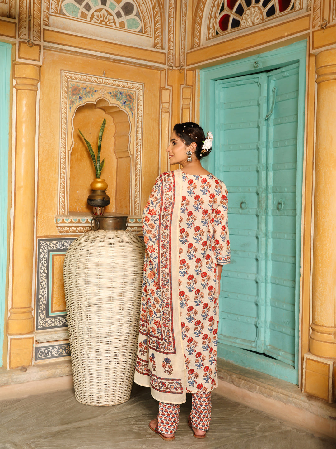 Off-White & Red Block Print Cotton Kurta Set with Dupatta  Export to Sheets