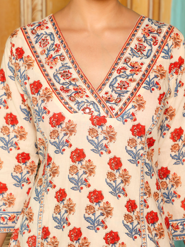 Off-White & Red Block Print Cotton Kurta Set with Dupatta  Export to Sheets