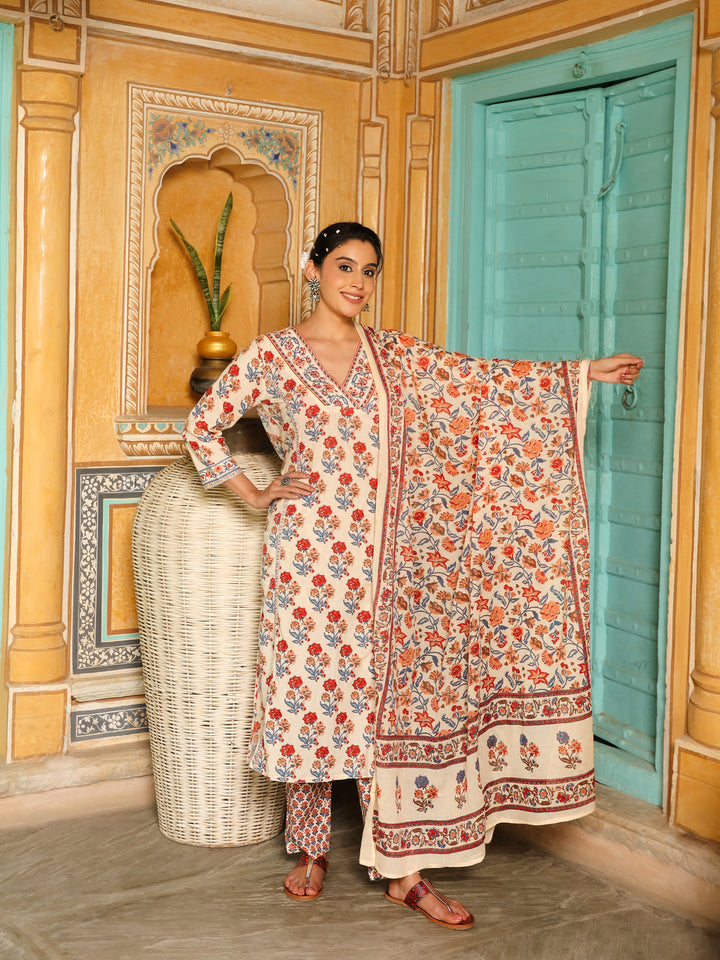 Off-White & Red Block Print Cotton Kurta Set with Dupatta  Export to Sheets