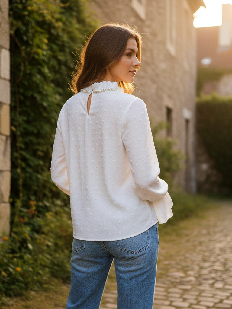 White Swiss Dot Chiffon Blouse with Pearl Collar Top
