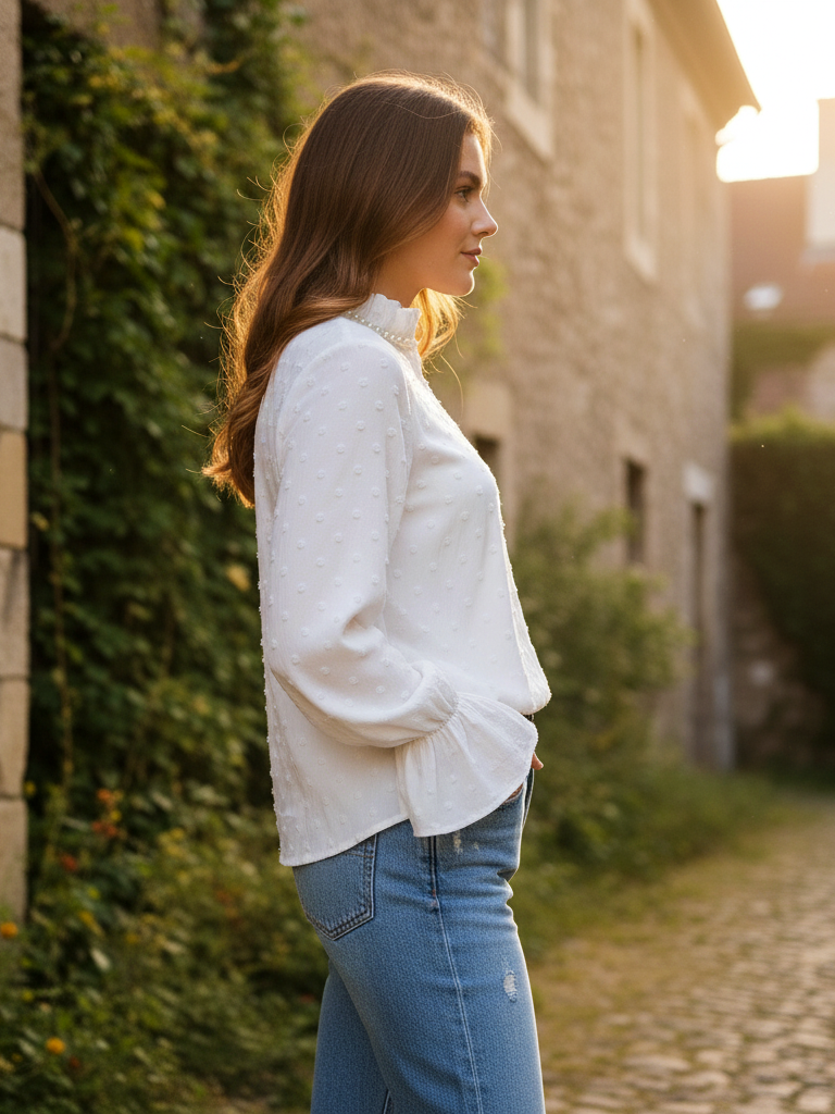 White Swiss Dot Chiffon Blouse with Pearl Collar Top