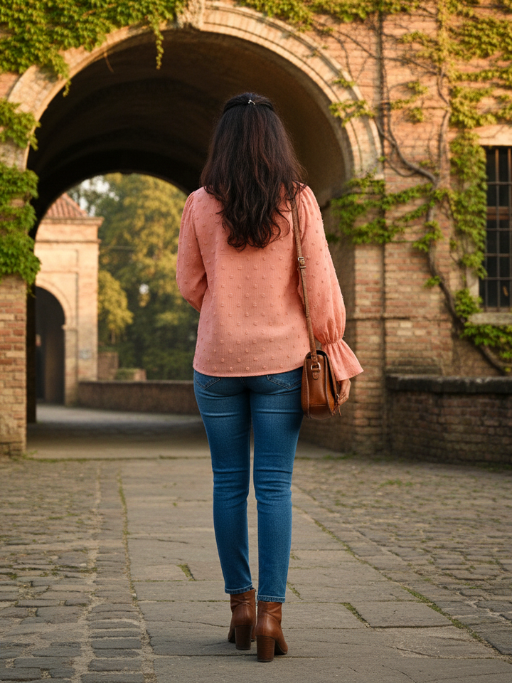 Peach Swiss Dot Chiffon Blouse with Pearl Collar Top