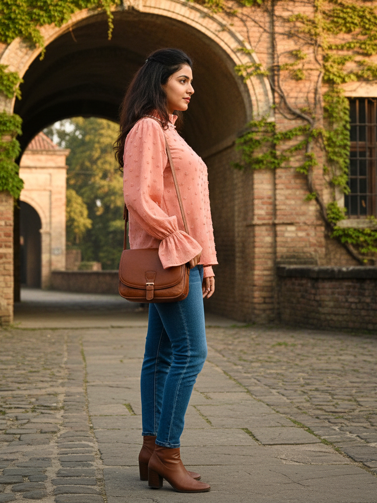 Peach Swiss Dot Chiffon Blouse with Pearl Collar Top