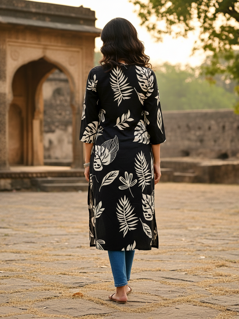 Black Contemporary Printed Cotton Straight Kurta