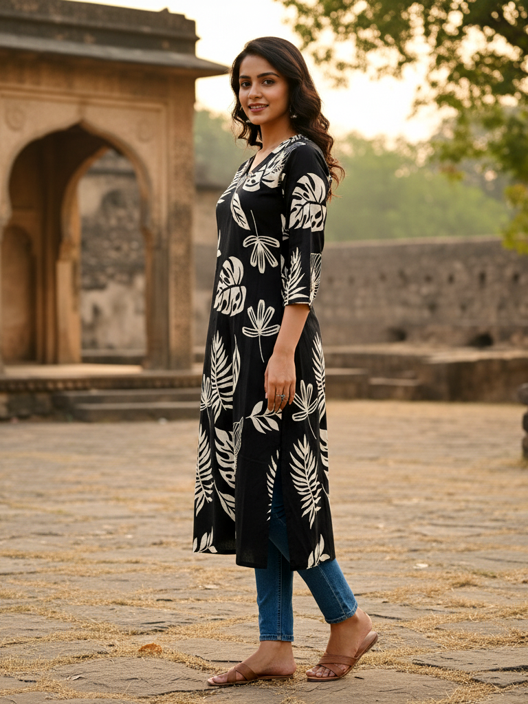 Black Contemporary Printed Cotton Straight Kurta