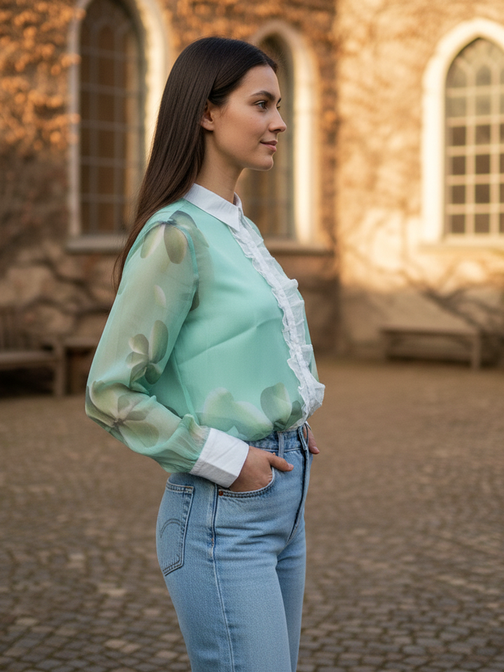 Sheer Floral Print Ruffle Blouse Shirt