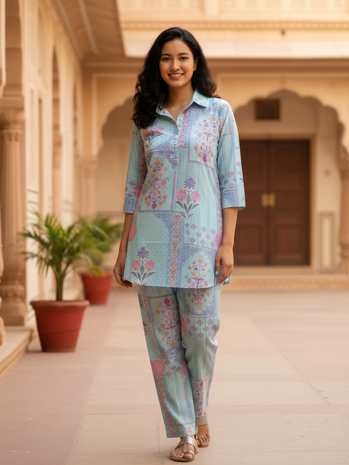 Sky Blue Printed Resort Co-ord Set