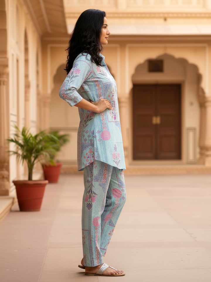 Sky Blue Printed Resort Co-ord Set