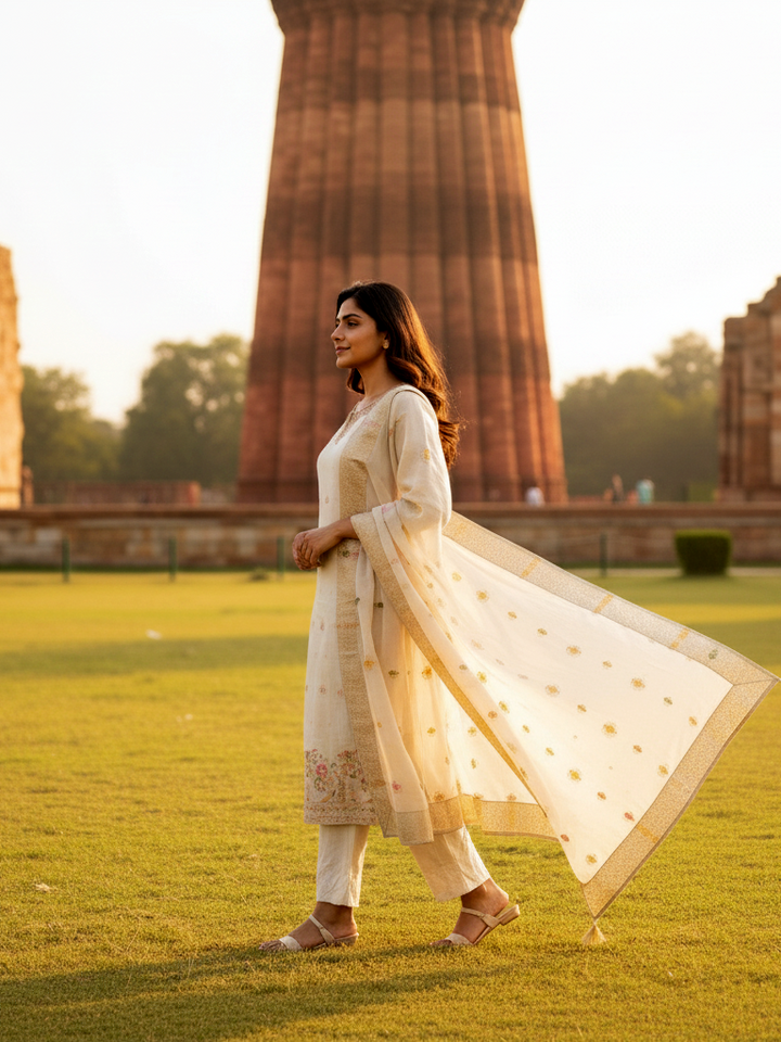 Designer Dupatta Suit with Intricate Thread and Moti Work