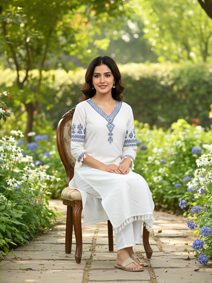 Elegant White Embroidered Kurta Set