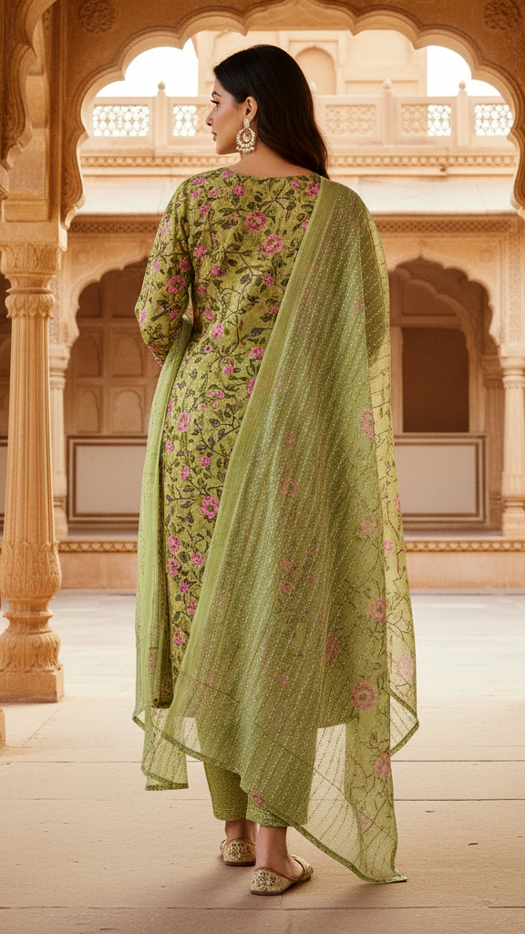 Lime Green Floral Printed Cotton Suit Set with Heavy Embroidered Yoke and Shimmer Dupatta