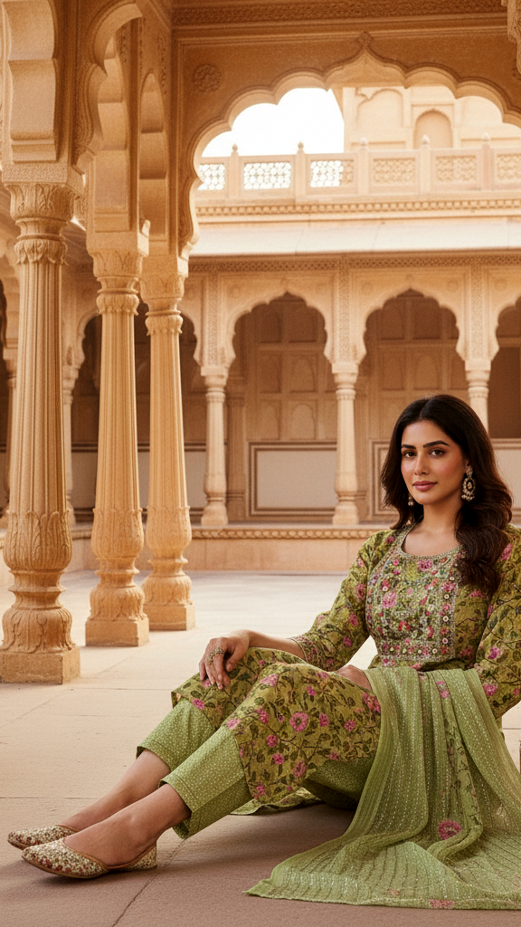 Lime Green Floral Printed Cotton Suit Set with Heavy Embroidered Yoke and Shimmer Dupatta