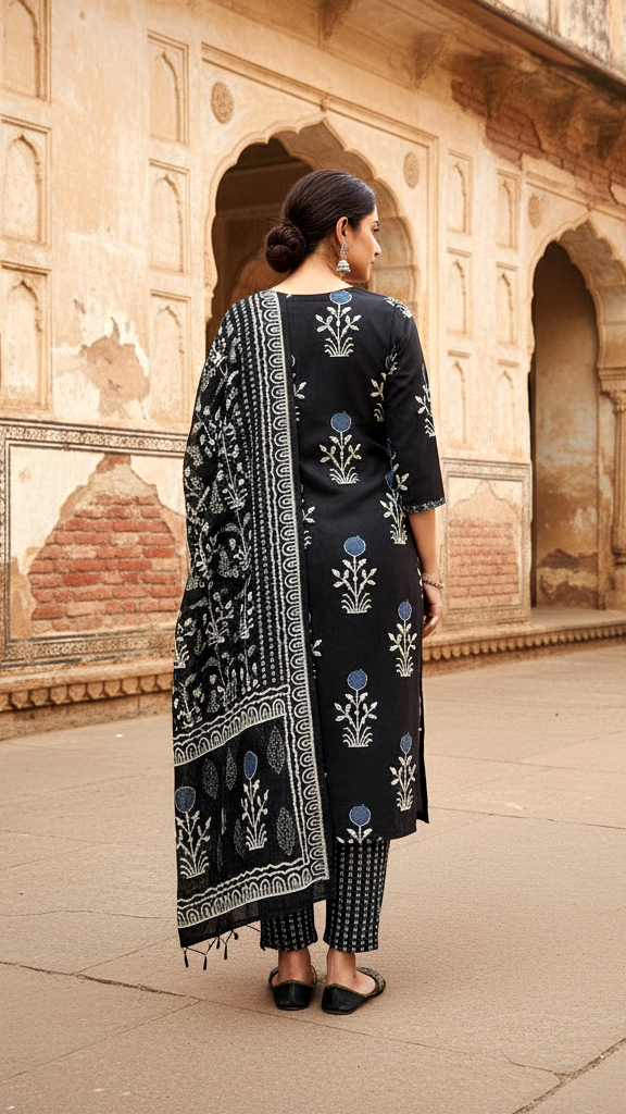 Striking Black & White Floral Block Print Kurta Set with Bold Striped Dupatta and Trousers