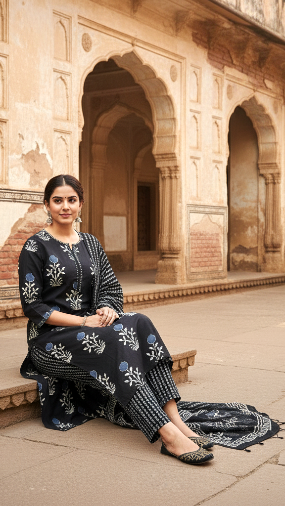 Striking Black & White Floral Block Print Kurta Set with Bold Striped Dupatta and Trousers