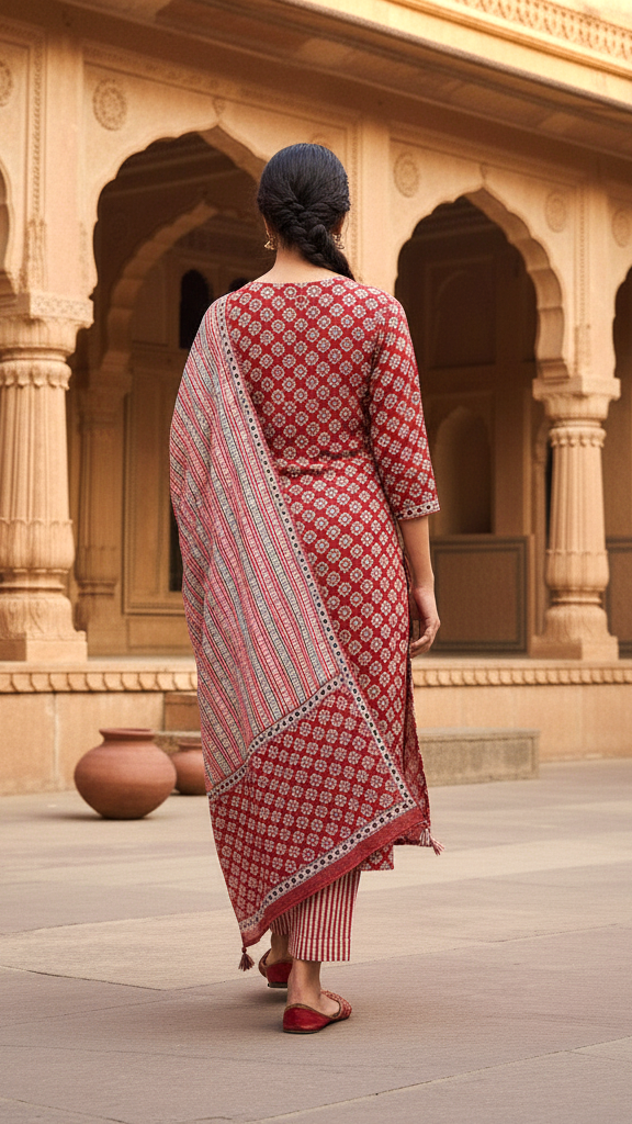 Rustic Maroon Printed V-Neck Kurta with Striped Trousers and Matching Block Print Dupatta