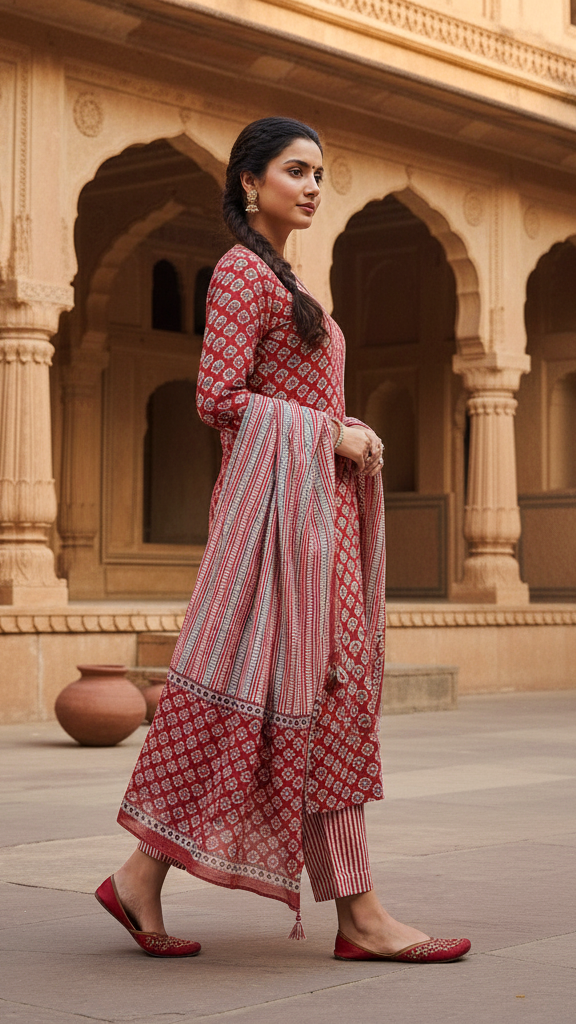 Rustic Maroon Printed V-Neck Kurta with Striped Trousers and Matching Block Print Dupatta