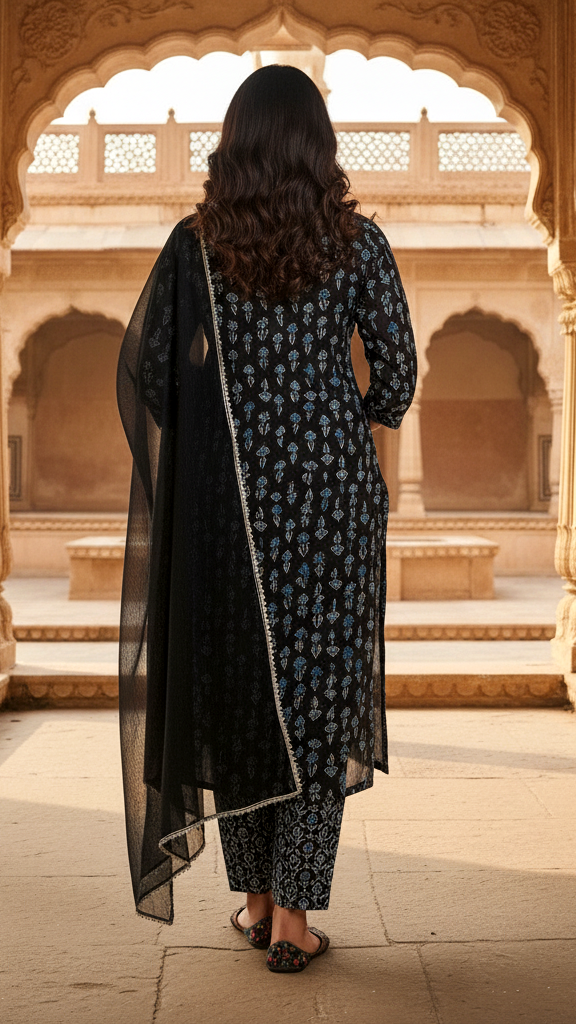 Elegant Black & Blue Printed Straight-Cut Kurta Set with Silver Trims and Chiffon Dupatta