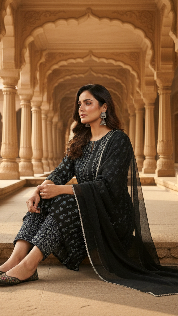 Elegant Black & Blue Printed Straight-Cut Kurta Set with Silver Trims and Chiffon Dupatta