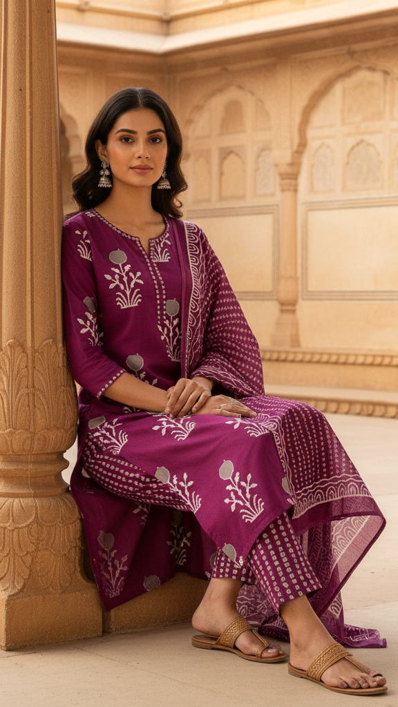 Majestic Wine Purple Silver Foil Print Kurta Set with Intricate Geometric Print Dupatta