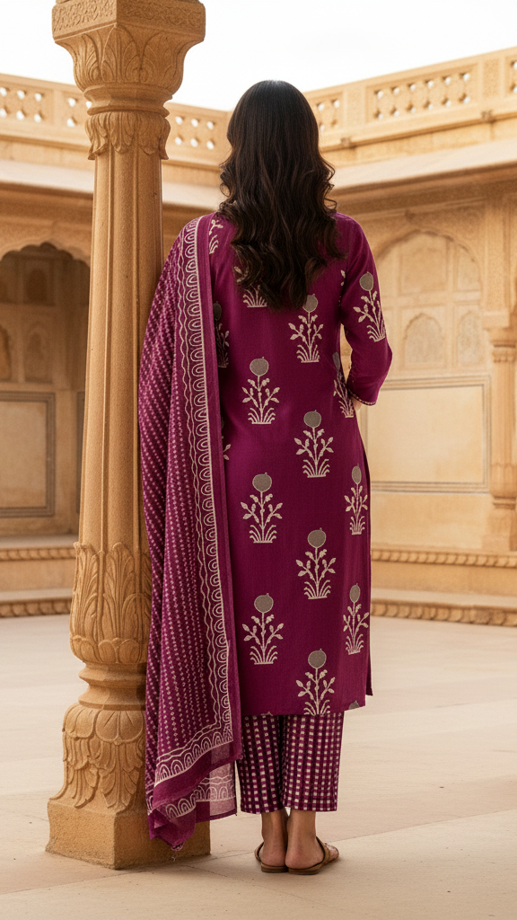 Majestic Wine Purple Silver Foil Print Kurta Set with Intricate Geometric Print Dupatta