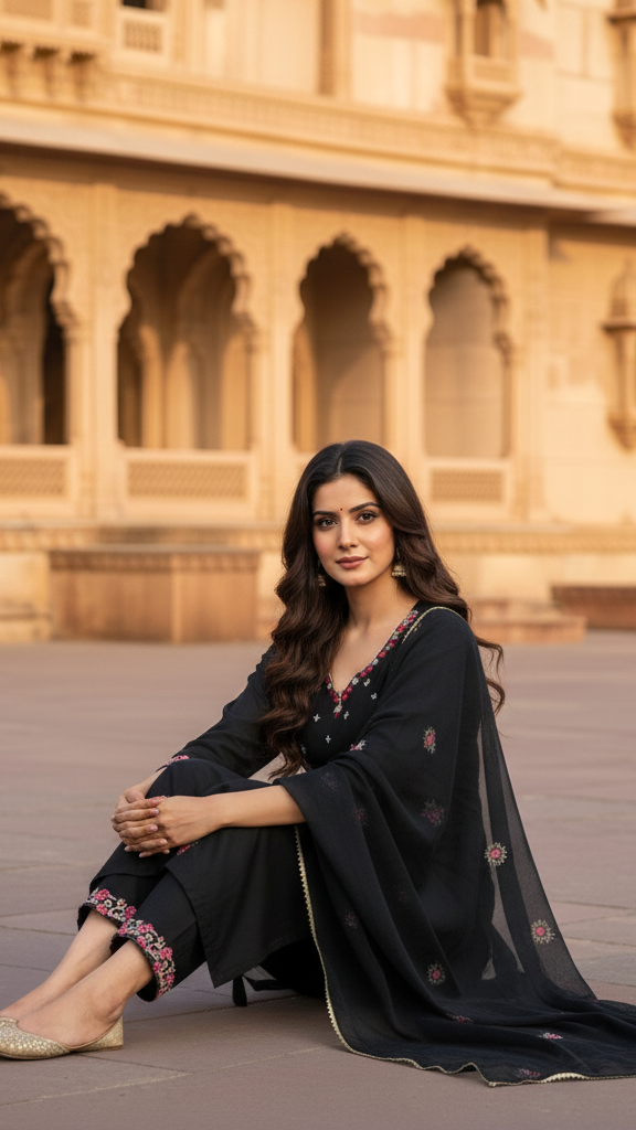 Sophisticated Black Embroidered Kurta Set with Multi-Color Thread Work and Sheer Dupatta