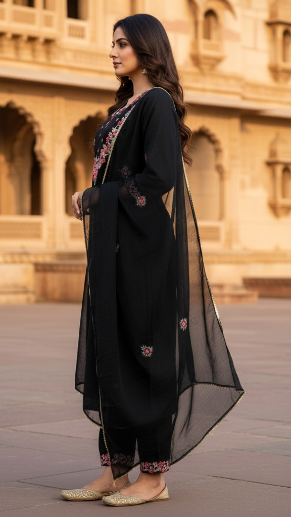 Sophisticated Black Embroidered Kurta Set with Multi-Color Thread Work and Sheer Dupatta