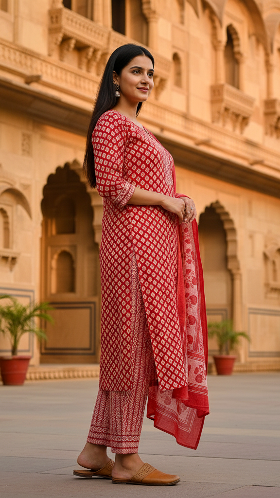 Vibrant Red & White All-Over Block Print Cotton Kurta Set with Border Detail Dupatta