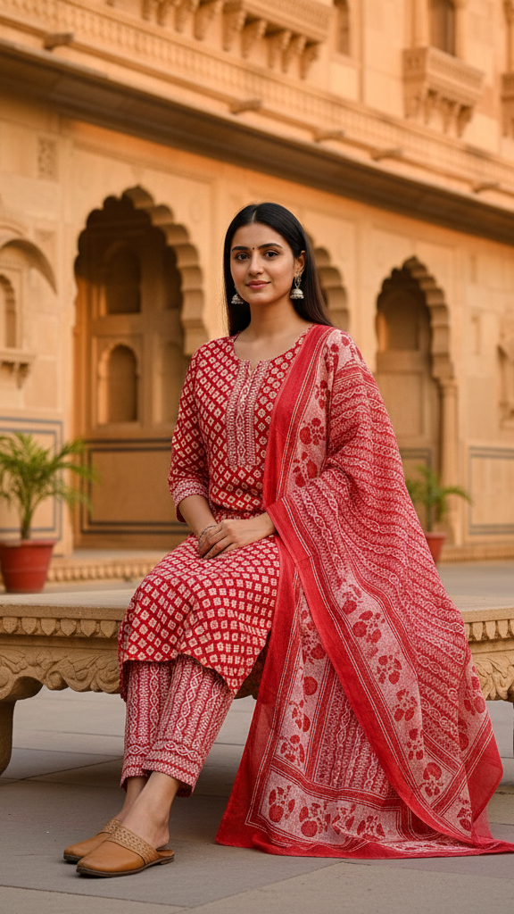 Vibrant Red & White All-Over Block Print Cotton Kurta Set with Border Detail Dupatta