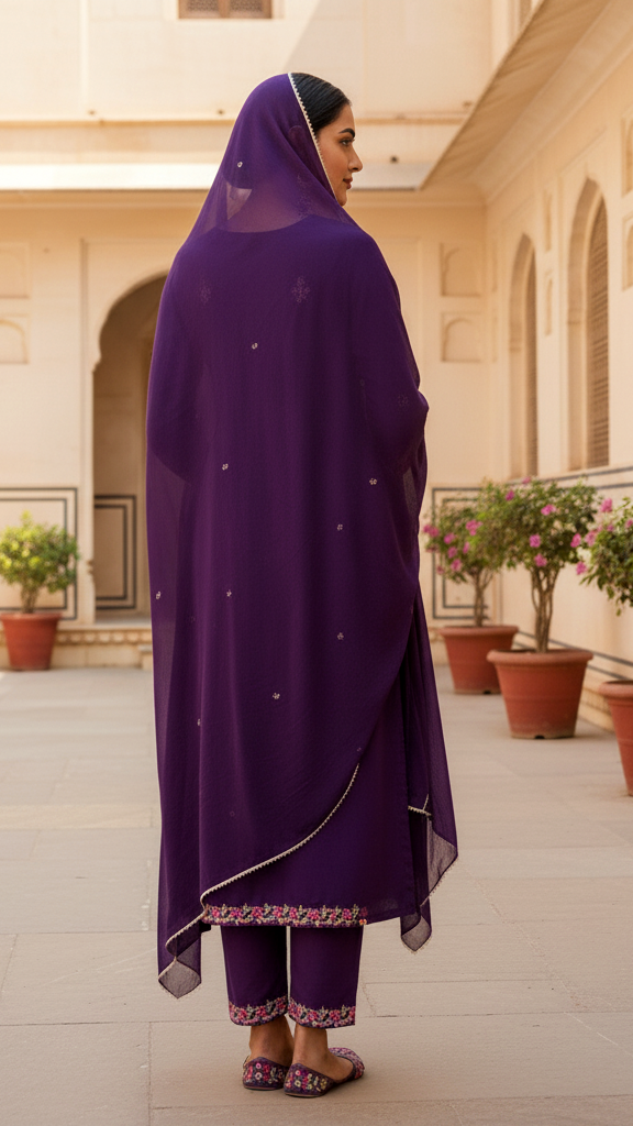 Regal Deep Purple Georgette Anarkali-Style Kurta Set with Heavy Multi-Color Thread Embroidery