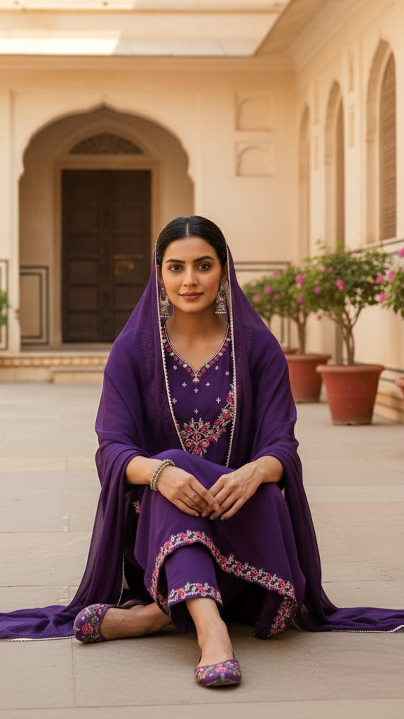 Regal Deep Purple Georgette Anarkali-Style Kurta Set with Heavy Multi-Color Thread Embroidery
