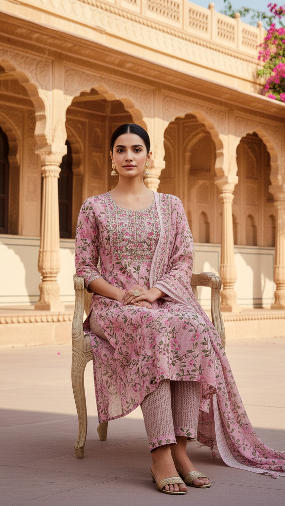 Dusty Pink Floral Printed Kurta Set with Mirror Work Embroidered Yoke and Dupatta