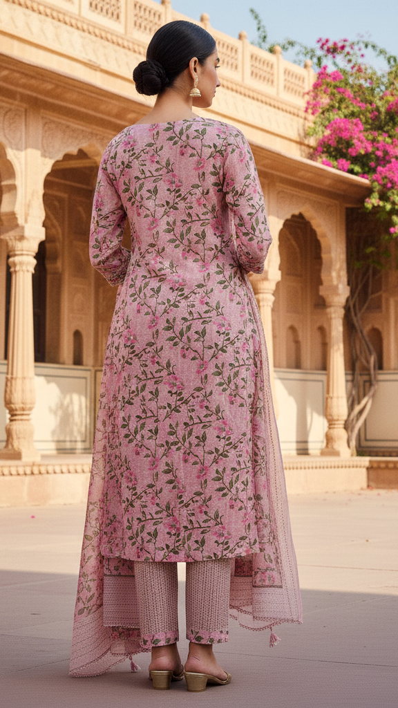 Dusty Pink Floral Printed Kurta Set with Mirror Work Embroidered Yoke and Dupatta