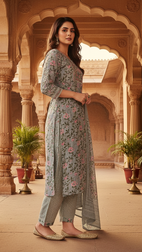 Sage Grey Floral Printed Cotton Suit Set with Thread Work and Embellished Border Dupatta