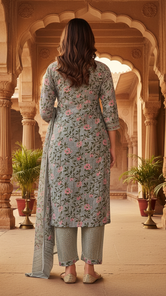 Sage Grey Floral Printed Cotton Suit Set with Thread Work and Embellished Border Dupatta