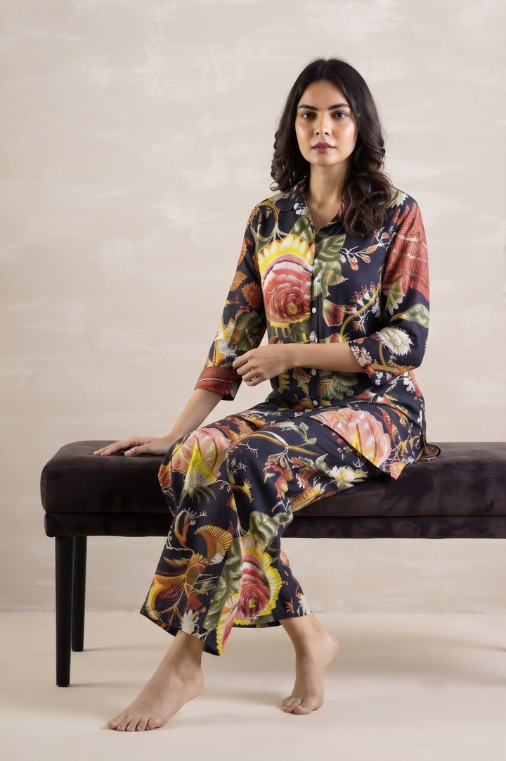 Black Floral Party Cotton Coord Set