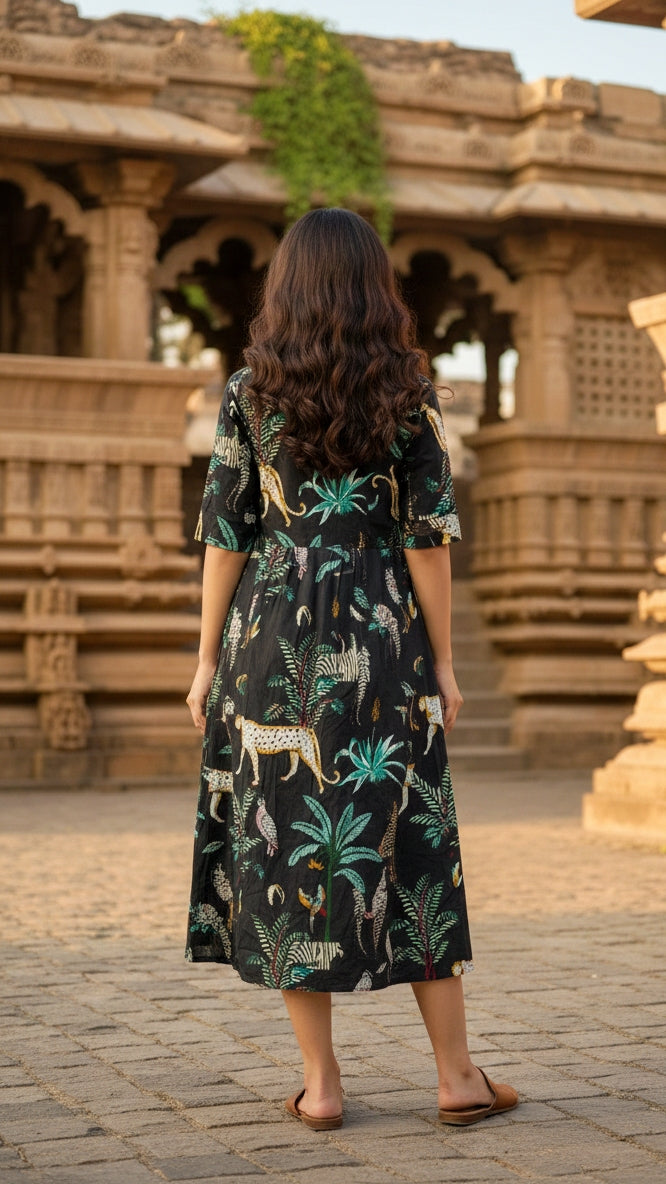 black Jungle Safari Print Shirt Dress – Tropical Cotton Chic
