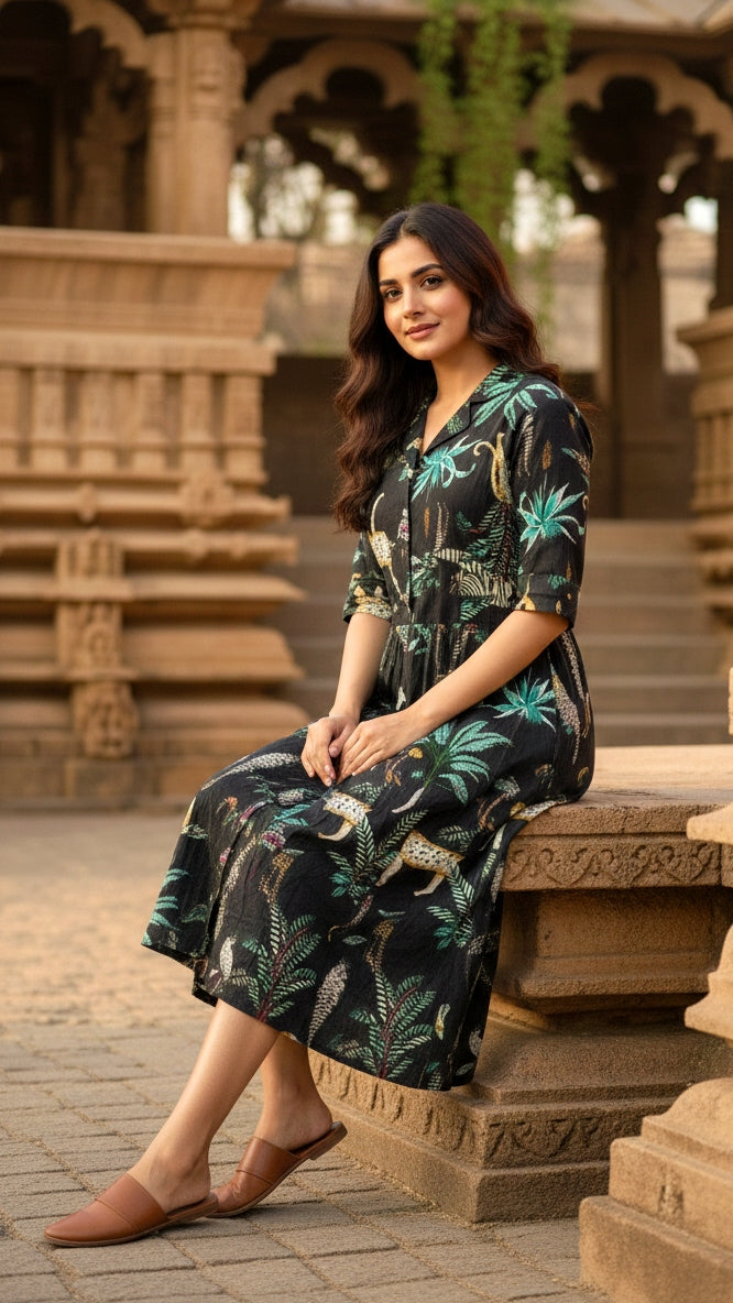 black Jungle Safari Print Shirt Dress – Tropical Cotton Chic