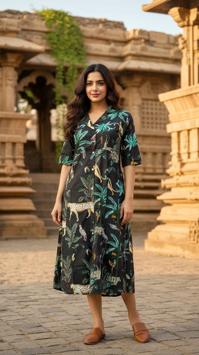black Jungle Safari Print Shirt Dress – Tropical Cotton Chic