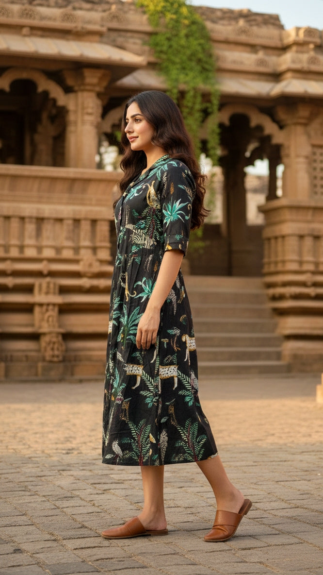 black Jungle Safari Print Shirt Dress – Tropical Cotton Chic
